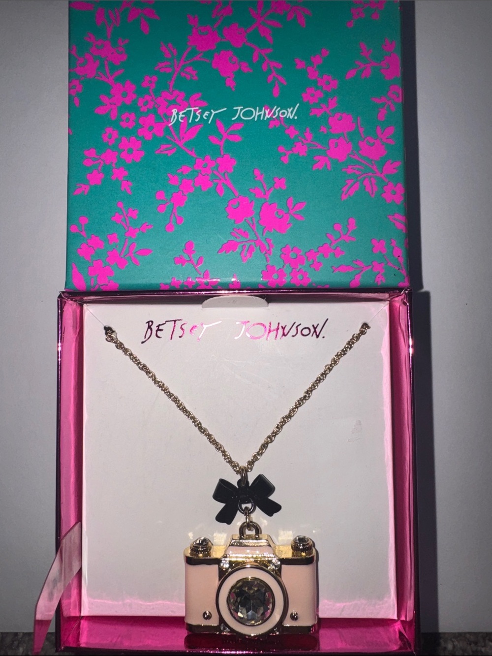 Betsey Johnson Pink Camera Pendant Necklace with Black Bow